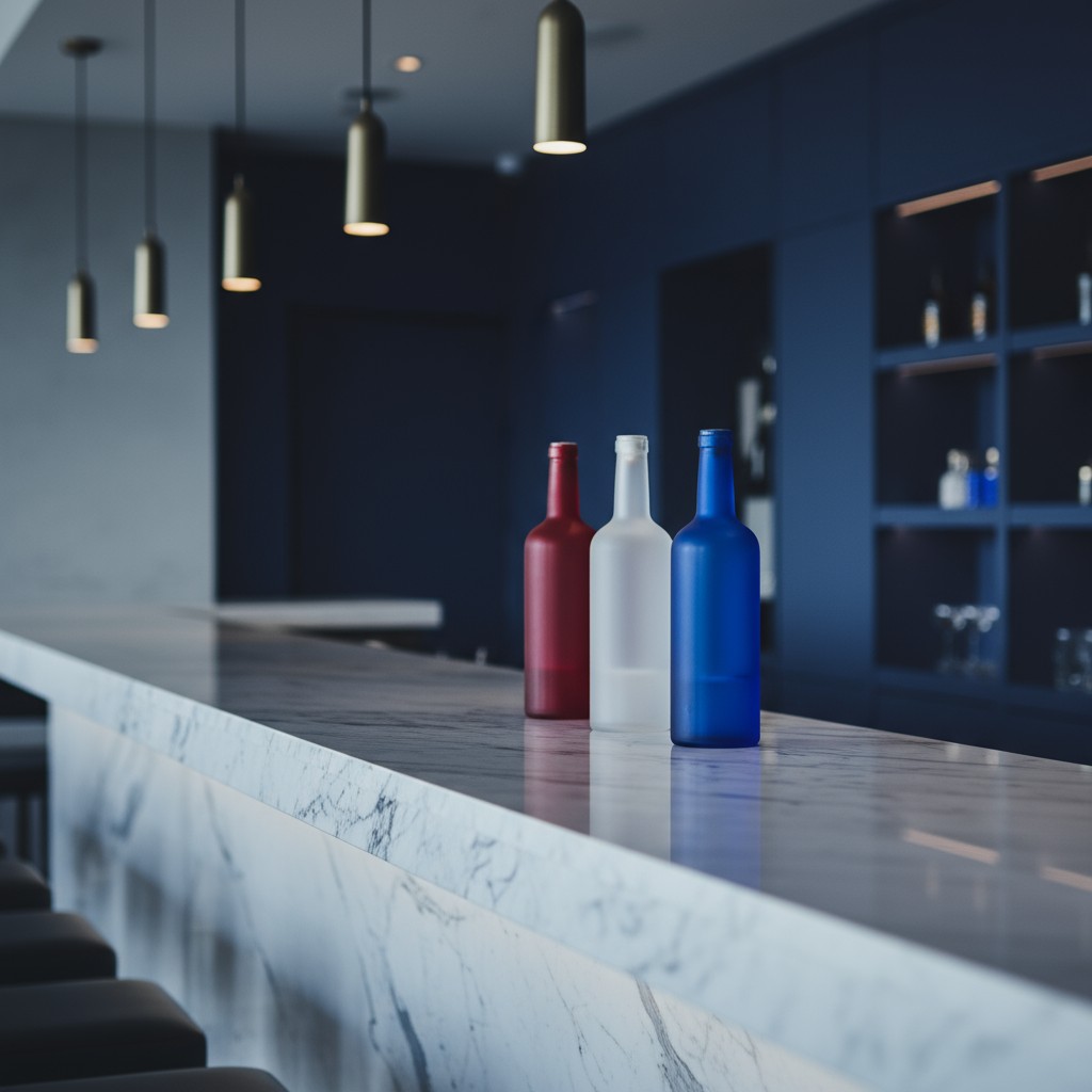 Bar with a white countertop, bottles of red, white and blue, and cabinets.
